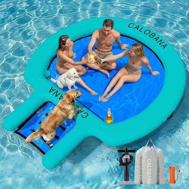CALOBANA Water Hammock with Dog Boat Ramp, Inflatable Round Floating Ring for Adults Pets Heavy Duty Floating Dock Tanning Pool Lounger Float Island Platform for Pool Sea River Dock Boat Party