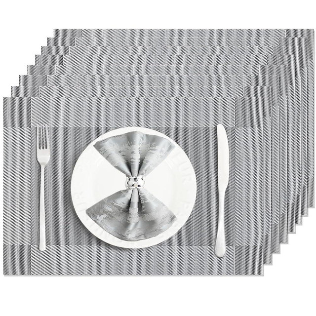Uolr Placemats Set of 8 Washable&Wipeable Silver Place mats for Dining Table Kitchen Indoor Outdoor Table Mats Heat Resistant Non Slip Woven Vinyl Table Placemats (Grey，8PCS)
