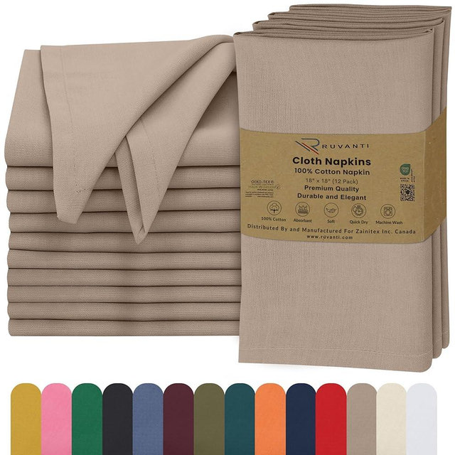 Ruvanti Cloth Napkins Set of 12, 18x18 Inches, Napkins Cloth Washable, Soft & 100% Cotton Napkins, Perfect for Wedding, Christmas, ‎Thanksgiving Napkins, Dinner Napkins - Light Taupe