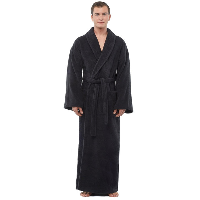 Arus Men's Full Length Turkish Terry Cotton Robe, Shawl Collar Long Bathrobe , Black , Large/X Large
