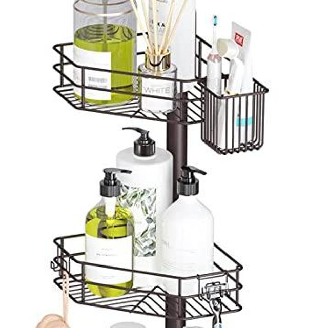 SEIRIONE Rustproof Shower Shelf for Inside Shower, 4 Caddy Organizer for Storage Bathtub Shampoo Accessories, Stand from 56 to 114 Inch, Bronze