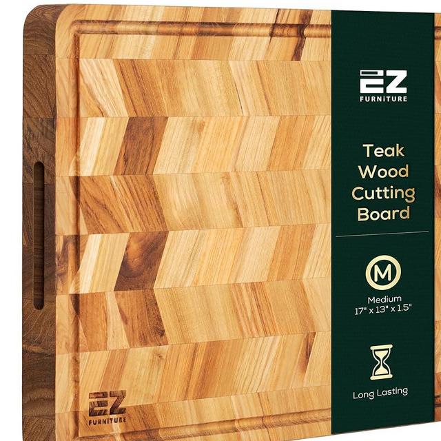 EZ FURNITURE 17 x 13 Inch Premium Herringbone Thick Teak Cutting Board, Wood Cutting Board with Juice Groove and Handles, Reversible, Suitable for Chopping Meat, Vegetables
