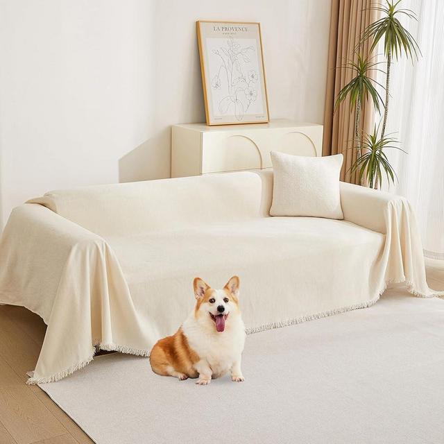 MYSKY HOME Beige Couch Cover Boho Sofa Covers Chenille Couch Covers for 2 Cushion Couch Sectional Sofa Covers for L-Shape Washable Couch Cover Blanket with Tassel Pet Couch Cushion Cover, 71" X102"