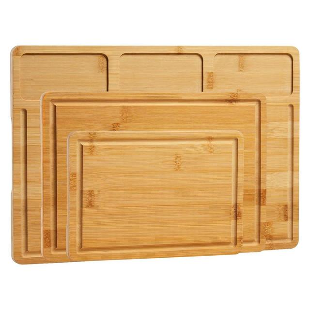 Natural Bamboo Cutting Board Set for Kitchen, 3-Piece Kitchen Chopping Boards with Deep Juice Grooves, Built-In Handles & Compartments, Ideal