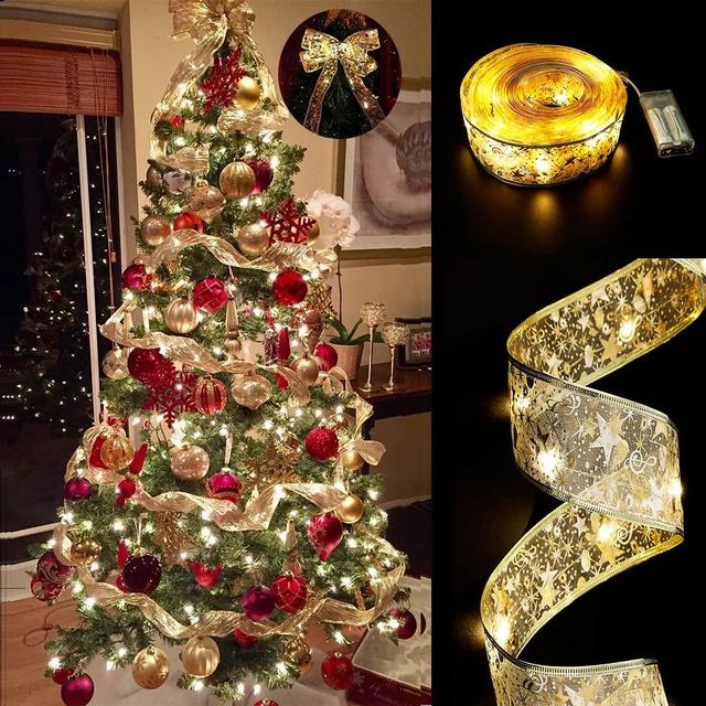 GIHOO Christmas Ribbon Lights Gold 32ft (2X16ft) 100 LED Lights Double Layer Copper Wire Ribbon Bows Fairy Strings Lights for Weddings New Year Christmas Tree Decorations (Gold)