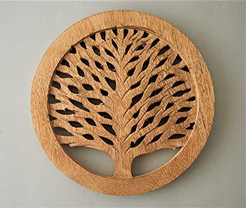 Christmas Gifts Set of 2 Wooden Trivet Tea Pot Holder Tree of Life Design Heat Resistant Durable Handmade Mango Wood Kitchen Dining Table Accessories Dia 8'' Inch (Set of 2 Natural)