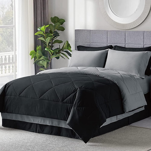Bedsure Black Bed Set King - 8 Pieces Reversible Black Comforter Set King, Black Bedding Set King with Comforters, Sheets, Pillowcases & Shams, King Size Black Comforter Set