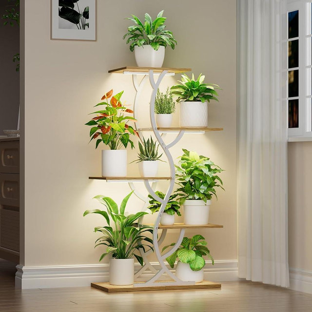Plant Stand Indoor with Grow Lights - 44" Tall Corner Plant Stands for Indoor Plants, 5 Tiered Metal Plant Shelf, Curved Plant Flower Holder Dispaly Rack for Living Room, Home Patio Balcony (White)