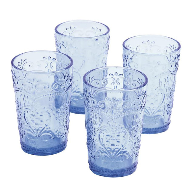 Pioneer Woman Amelia Tumbler 4-Piece Set – Vintage-Inspired Colored Glass Tumblers with Embossed Design Durable, Classic Glassware for Mojitos, Sweet Tea, and Ice Water – Dishwasher Safe (Blue)