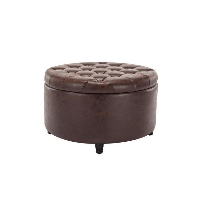Large Round Tufted Storage Ottoman with Lift Off Lid Dark Brown Faux Leather - WOVENBYRD