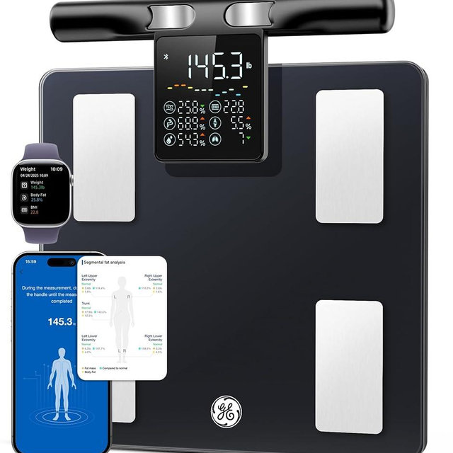 GE Smart Scale for Body Weight: 8-Electrode Body Pod Fat Monitor with Full Body Composition Analysis, Bluetooth App Sync, Large Handle Display, 400lb Capacity Bathroom Scale for Home & Gym, Black