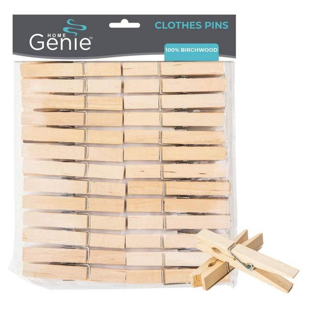 Home Genie Clothes Pins, 50 Pack, Natural Birchwood Rust and Moisture Resistant Durable Wood Clothing Pegs, Strong Grip Holder to Dry Laundry on Clothesline and Hanging Rack, Bag Clips, Crafts, Photos