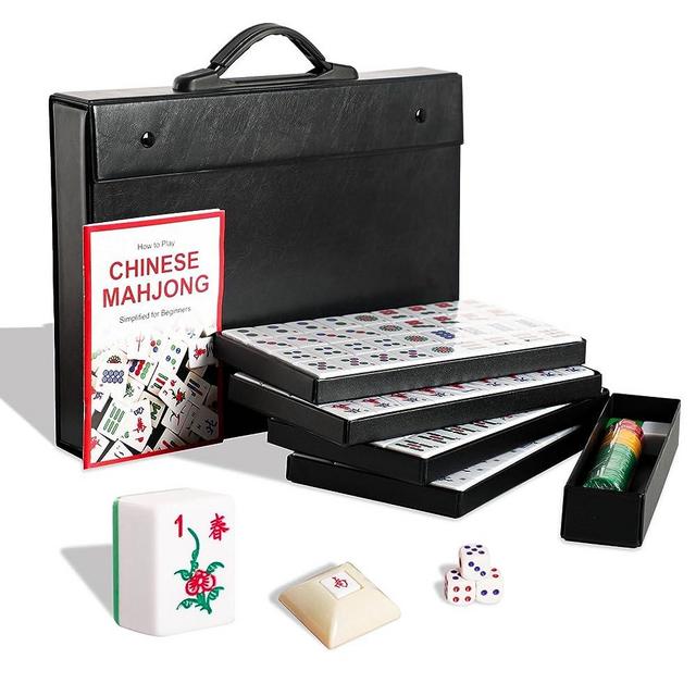 Professional Chinese Mahjong Set, 146 Numbered Melamine 1.5" Large Size Green Mahjong Tiles, Durable Case & English Instruction, Chinese Style Leisure Family Game Set (Ma Jong, Majiang, Mah Jong,麻將)