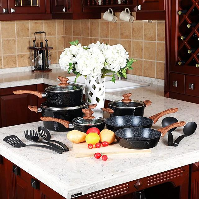 MAISON ARTS 15 Piece Nonstick Granite-Coated Cookware Set with 5 Pc Nylon Utensils,Suitable for All Stove Including Induction - Dishwasher Safe