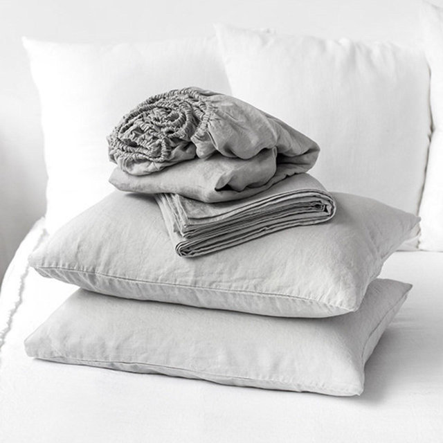 Light Gray Linen Sheet Set – Soft Neutral Stonewashed Bedding – Breathable Flat Sheet, Fitted Sheet, Pillowcases – Pure OEKO-TEX Linen Set