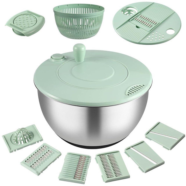 Salad Spinner Stainless Steel, 5.3 Qt Large Vegetables & Fruits Wash Bowl, Lettuce Washer Spinne with 5 Blade Slicer Egg Yolk Strainer, Lettuce Spinner with Stop Button Drain Spout for 2-3 Servings