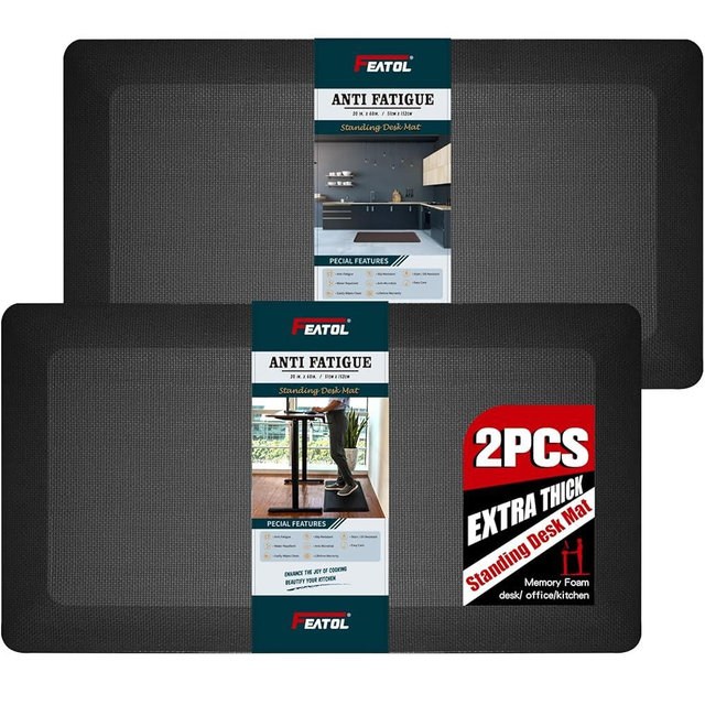 FEATOL 2 Packs Anti Fatigue Mat Thick Cushioned Standing Desk Mat Office, Ergonomic Kitchen Mats Set of 2, Memory Foam Comfort Floor Mat Padded Foam Rugs, Stain Resistant, Non-Slip (20" x 32", Black)