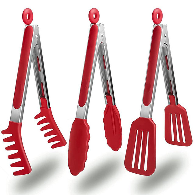 HST 3 Pack Kitchen Tongs (9 Inches) , Non Stick Stainless Steel Tongs With Silicone Tip for Cooking BBQ Baking(Red)