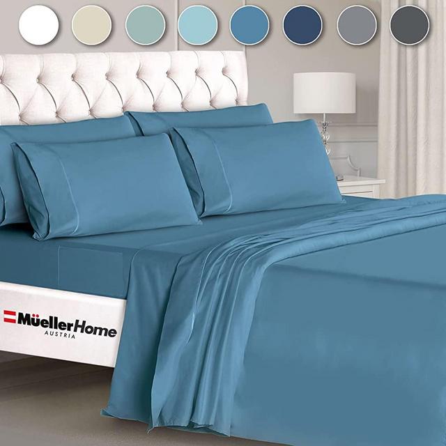 Mueller Ultratemp Bed Sheets Set, Super Soft 1800 Thread Count Egyptian 18-24 Inch Deep Pocket Sheets, Transfers Heat, Breathes Better, Hypoallergenic, Wrinkle, 6Pc, Denim King