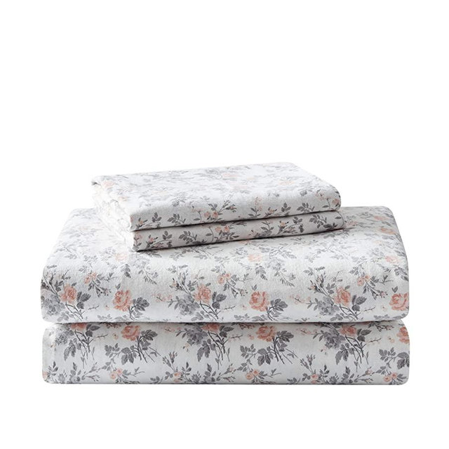 Laura Ashley Home | Flannel Collection Cotton Bedding Sheet Set, Pre-Shrunk & Brushed for Extra Softness, Comfort, and Cozy Feel, Queen, Rosalie Grey