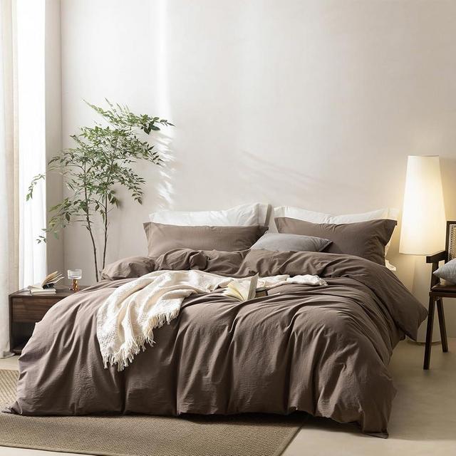 BDEAR Linen Feel Duvet Cover Queen Size, 100% Washed Cotton Comforter Cover Size 90x90inch with Zipper Closure and 2 Pillowcases, Solid-Light Brown