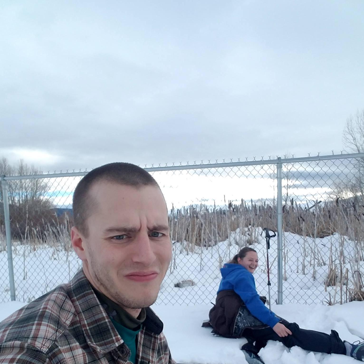 I think I fell first and somehow brought Zach down with me while cross Country Skiing in Montana!