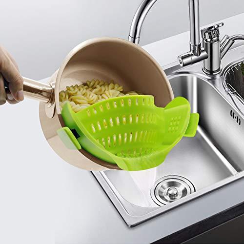 Clip on Strainer for pots pans, Snap on Strainer Made by FDA Approved, Heat Resistant Silicone, Easy to Use and Store,Dishwasher SafE (Green)
