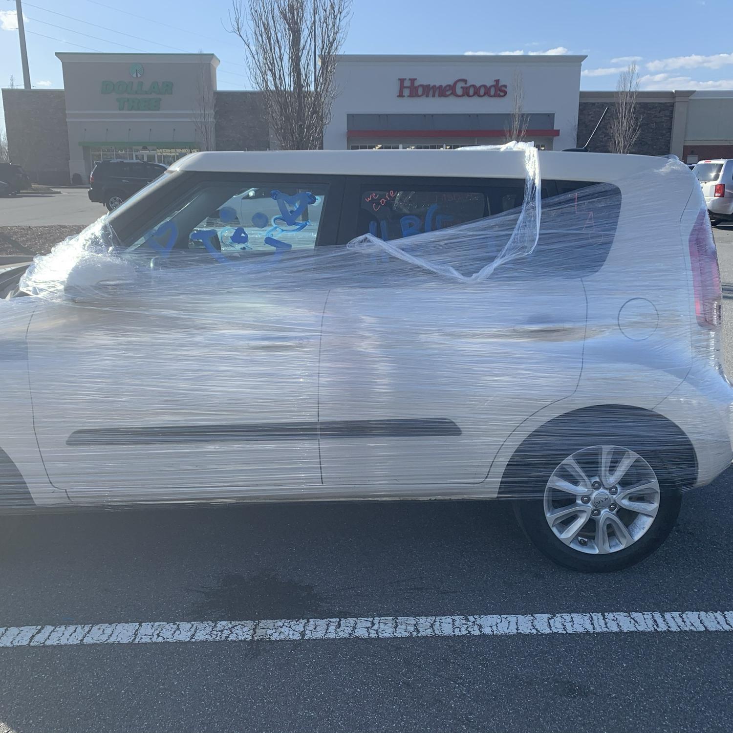 Zach wrapped my car in plastic wrap as a joke