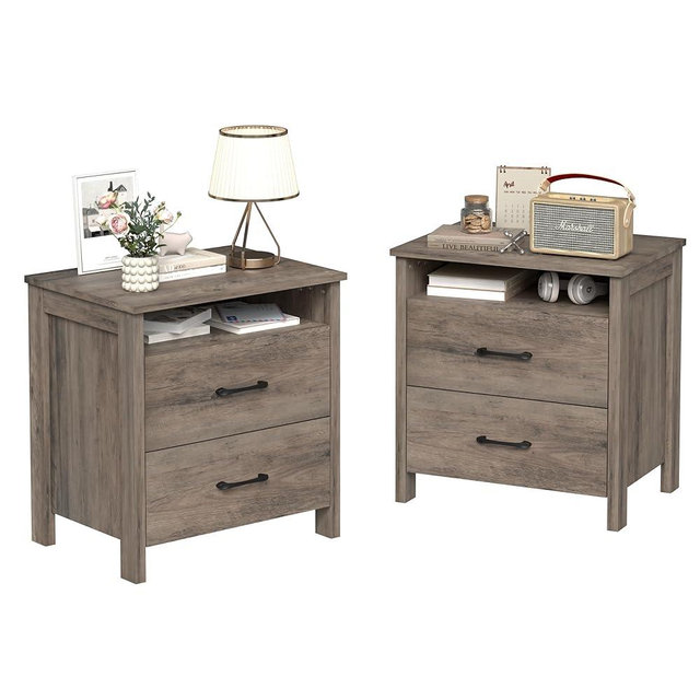 Furnivado Farmhouse Nightstand Set of 2, Rustic Nightstand with 2 Drawers, Wood End Table with Open Shelf, Side Table for Bedroom, Light Brown