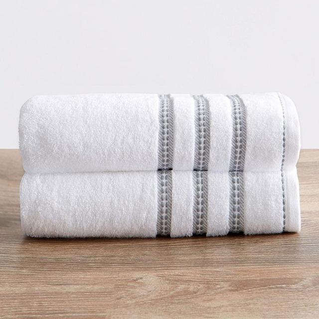 100% Cotton Plush Bath Towel Set (30 x 52 inches) Absorbent Floral Jacquard Luxury Towels. Roselyn Collection (Set of 2, White/Grey)