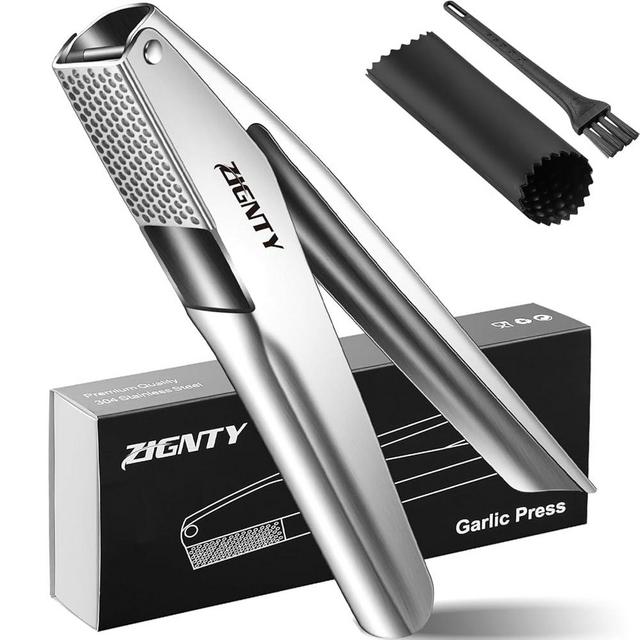 ZIGNTY Garlic Press Stainless Steel, Premium Garlic Mincer Tool, No Need to Peel Garlic Crusher & Masher, Easy Squeeze Garlic Ginger Presser Large Trough Ergonomic Handle, Rust Proof, Dishwasher Safe