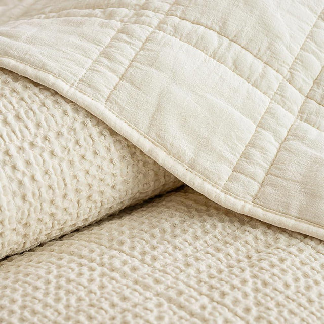 PHF Stone-Washed 100% Cotton Waffle Quilt Set King Size (106"x90") – 3PC Lightweight Diamond Quilted Bedspread for All Season, Soft Vintage Coverlet for Home Decor, Natural Undyed