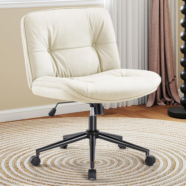 OLIXIS Criss Cross Chair with Wheels, Armless Wide Cross Legged Vanity Office Desk Chair with Comfy PU Leather& Back - Swivel for Home Office Bedroom, Beige