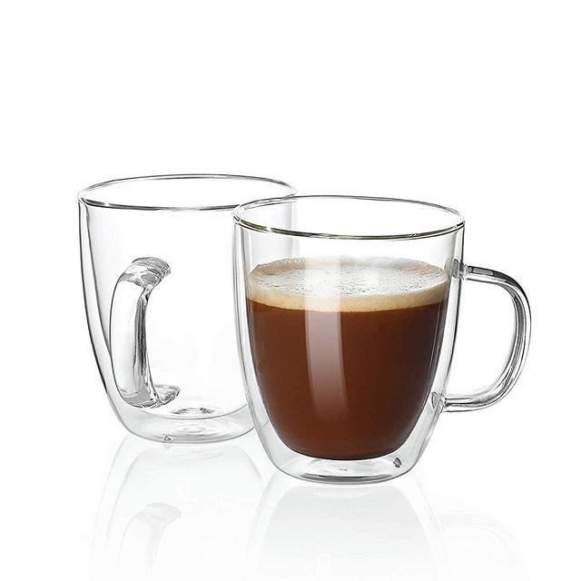 Sweese 414.101 Large Glass Coffee Mugs - 16 oz Double Walled Insulated Mugs with Handle, Perfect for Latte, Americano, Cappuccinos, Tea Bag, Beverage, Set of 2
