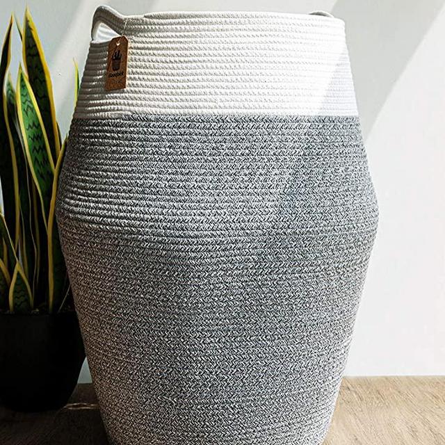 Goodpick Large Laundry Hamper | Woven Cotton Rope Clothes Hamper Tall Laundry Basket, Modern Curver Bucket 25.6" Height, Gray