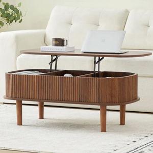 Modern Oval Fluted Wooden Lift Top Coffee Table with Hidden Compartmen