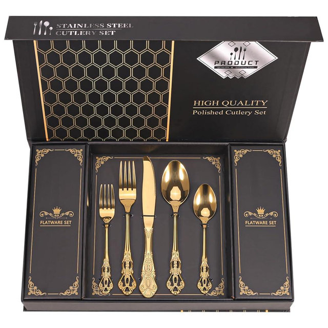 Retro Royal Gold Silverware Set With Gift Box, 60-Pieces Cutlery Set Utensils Stainless Steel Flatware For 12 MIKIWAY Kitchen Tableware Set For Gifts Festive, Dishwasher Safe, Mirror Polishing