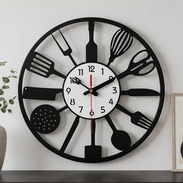 TULFO 13 Inch Kitchen Wall Clock, Fork and Spoon Decor Clock, Silent, Non Ticking Black Metal Kitchen Clock,Battery Operated,for Dining Room and Modern Farmhouse Wall Decor, Ideal Housewarming Gift