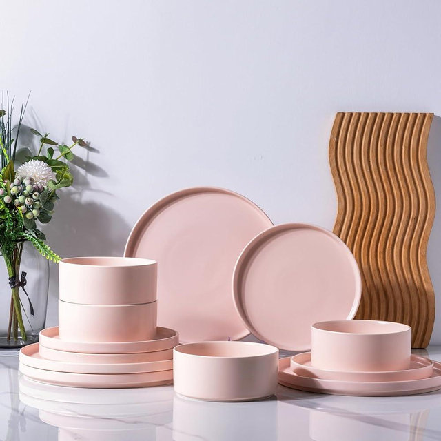 GBHOME Ceramic Dinnerware Sets of 4,Stoneware Plates and Bowls Sets,Chip and Crack Resistant | Dishwasher & Microwave Safe Dishes Set,Scratch Resistant- Service for 4 (12pc)-Matte Pink