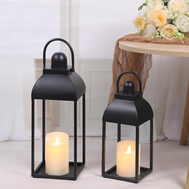 MATAHUM Lanterns Decorative Outdoor Indoor, Black Metal Outdoor Lanterns, 17'' 13'' Set of 2 Modern Farmhouse Candle Lantern for Home, Wedding, Patio, Porch, Mantel, Lantern Centerpieces