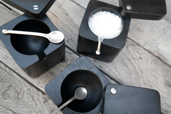 Salt cellar with match pewter spoon