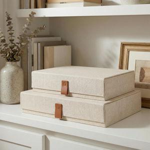 Decorative Photo Storage Boxes with Lids - Ivory Set of 2 Beautiful Linen Organizers Are Perfect to Safely Store Your Pictures, Documents, Scrapbooking Supplies, Keepsakes and Other Memories in Style