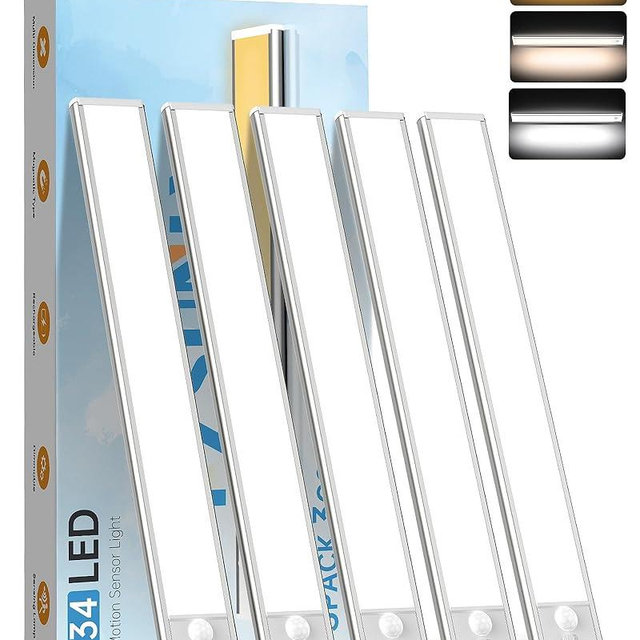 PZSUNLY Under Cabinet Lighting,34 LED 1100mAh Rechargeable,Motion Sensor Light,3 Colors Dimmable,Magnetic Closet Lights,Indoor Night Lights for Kitchen Bedroom Stairs 5 Pack