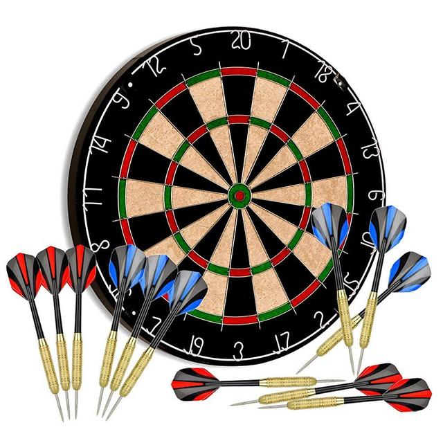 Tian ma Sisal Bristle Dartboard 17.7”x1.5 Staple-Free Bullseye w 12 Steel Tip Darts 18g Dartboard Mounting Kits Included