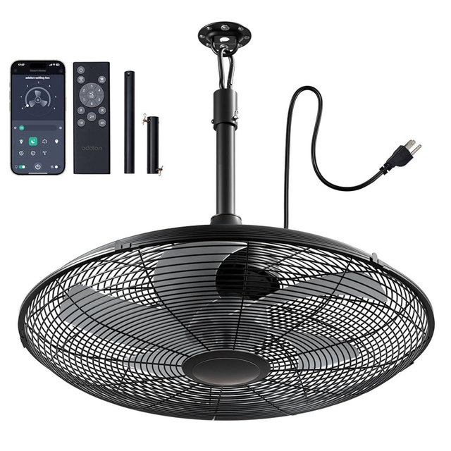 addlon Outdoor Ceiling Fan for Patios, 20 inch Black Waterproof Gazebo Fan Remote&APP Control, 6 Speeds, Noiseless, Reversible, Plug in Hook Mount Ceiling Fan