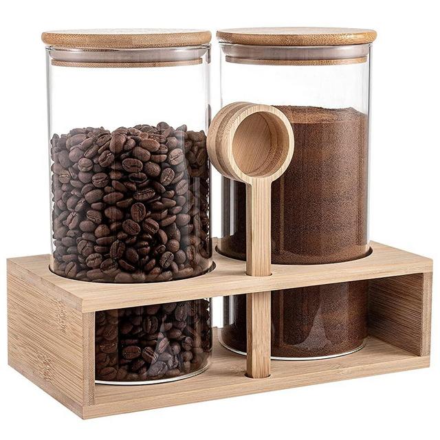 Glass Coffee Containers with Shelf - 2Pcs 49oz Large Capacity BPA Free Coffee Storage Jars with Airtight Sealed Bamboo Lids Spoon, Kitchen Food Storage Jars for Coffee Beans, Coffee Powder, Sugar, Tea