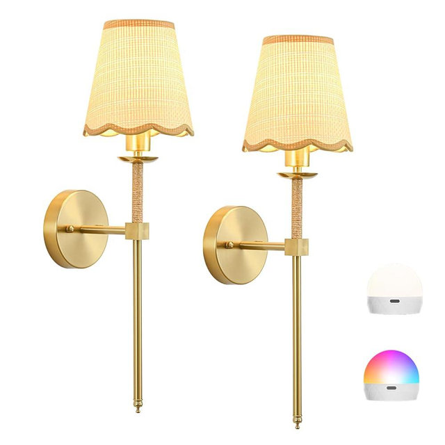 KernLite Boho Battery Operated Wall Sconce Set of 2, Gold Wireless Rechargeable Wall Lights with Rattan Shade, 12 RGB and 3CCT Dimmable Cordless Wall Lamps with Remote for Bedroom Living Room