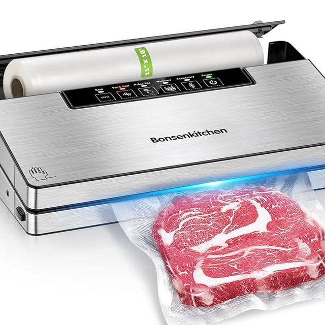 Bonsenkitchen Vacuum Sealer Machine, Powerful Stainless Steel Food Sealer with 5 Modes, Built-in Cutter & Bag Storage,Globefish Technology for High-Speed Continuous Working, Include 1 Bag Roll