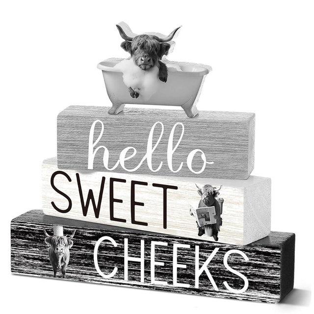 Cinnvoice 4 Pcs Funny Highland Cow Bathroom Decor Farmhouse Bathroom Decoration Western Hello Sweet Cheeks Table Centerpiece Gift for Christmas Valentines Back to School