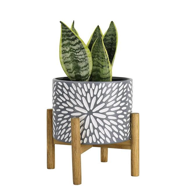Ceramic Planter with Wood Stand - 8 Inch Daisy Embossed Cylinder Flower Pot with Drain Hole for Indoor, Frost Gray